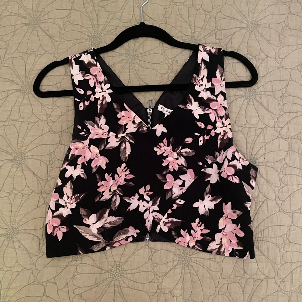 Floral crop top, Carapace, size medium, black with pink and white flowers